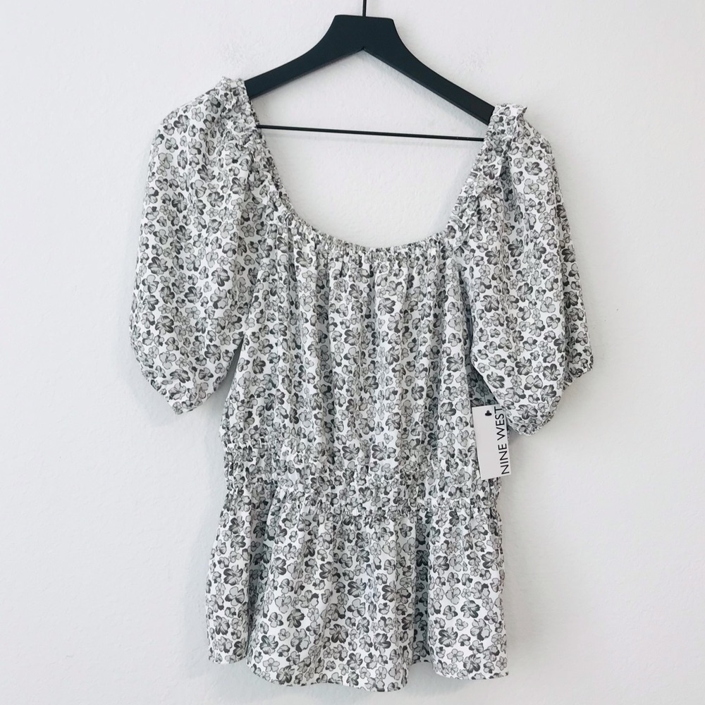 New! Nine West Bohemian Peasant Floral Square Neck Peplum Blouse Top - Picture 2 of 10
